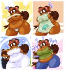  2021 ? aliasing alternate_version_at_source animal_crossing anthro apron areola areola_slip belly big_belly big_breasts bottomwear bow_tie breasts brown_body brown_fur canid canine cleavage clothed clothing cross-eyed crossgender crown denim denim_clothing digital_drawing_(artwork) digital_media_(artwork) dress eyelashes female flustered fur gender_transformation group hair hair_up hi_res huge_breasts human_to_anthro jeans male mammal married_couple mature_female mdjoe mother mtf_transformation nintendo open_mouth overweight overweight_anthro overweight_female pants parent parent_and_child ponytail raccoon_dog sequence signature simple_background species_transformation surprise tanuki thick_thighs tiara tom_nook_(animal_crossing) transformation under_boob underwear video_games villager_(animal_crossing) wedding wedding_dress wide_hips 