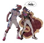  2boys bangs baseball_cap cape champion_uniform clenched_hand collared_shirt commentary_request dark_skin dark_skinned_male fur-trimmed_cape fur_trim hat height_difference highres knees korean_commentary legs_apart leon_(pokemon) long_hair male_focus multiple_boys number orange_headwear pokemon pokemon_(game) pokemon_swsh purple_hair raihan_(pokemon) red_cape redlhzz shirt shoes short_shorts short_sleeves shorts simple_background socks speech_bubble standing torn_clothes torn_shirt undercut white_background white_legwear white_shorts white_wristband yellow_eyes 