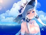  1girl artist_name azur_lane bangs bare_shoulders blue_eyes breasts cleavage closed_mouth cloud cloudy_sky dress elbow_gloves eyebrows_visible_through_hair florists_daisy gloves hand_on_own_chest highres illustrious_(azur_lane) large_breasts long_hair looking_at_viewer ocean silver_hair simple_background sky smile solo white_dress white_gloves white_headwear 