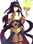  1girl absurdres black_hair bracelet breasts cape fire_emblem fire_emblem_awakening highres jewelry large_breasts long_hair looking_at_viewer navel necklace pantyhose purple_eyes sash skin_tight tharja_(fire_emblem) torch truejekart twintails 