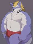  2021 3:4 anthro biped blue_eyes bulge canid canine canis clothing cute_fangs fenrir_(housamo) hi_res humanoid_hands male mammal morningbread16 musclegut navel simple_background solo tokyo_afterschool_summoners underwear video_games wolf 