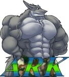  2014 anthro ark_noir_(character) badge big_muscles bottomwear clothed clothing earpiece fierglief fur grey_body grey_fur hand_on_hip huge_muscles hyper hyper_muscles low_res male muscular muscular_anthro muscular_male pants sergal simple_background solo text topless veiny_muscle white_background 