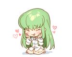  1girl blush c.c. chibi closed_eyes code_geass creayus eyebrows_visible_through_hair green_hair heart long_hair shirt simple_background sitting solo wariza white_background white_shirt 