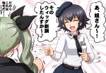  2girls :d anchovy_(girls_und_panzer) anzio_school_uniform bangs belt beret black_belt black_cape black_hair black_headwear black_neckwear black_ribbon black_skirt blush braid cape closed_eyes commentary dress_shirt drill_hair eighth_note emblem emphasis_lines facing_another flying_sweatdrops girls_und_panzer green_hair hair_ribbon hat highres long_hair long_sleeves motion_lines multiple_girls musical_note necktie omachi_(slabco) open_mouth pepperoni_(girls_und_panzer) pleated_skirt pointing_at_another ribbon school_uniform shirt short_hair side_braid skirt smile standing translated trembling twin_drills twintails white_shirt wing_collar 