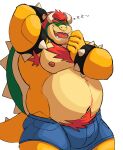  2021 anthro armpit_hair belly body_hair bottomwear bowser bulge clothing eyes_closed hi_res koopa male mario_bros moobs musclegut nintendo nipples overweight overweight_anthro overweight_male scalie shorts solo video_games vitashi 