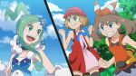  3girls :d bangs bare_arms blue_eyes blue_ribbon blurry blurry_background clenched_hand clenched_hands closed_mouth cloud commentary day english_commentary eyelashes fanny_pack green_eyes green_hair hair_ornament hairband hairpin hands_up hat highres light_brown_hair lisia_(pokemon) lukas_thadeu may_(pokemon) multiple_girls official_style open_mouth outdoors pokemon pokemon_(anime) pokemon_(game) pokemon_oras pokemon_xy_(anime) ribbon serena_(pokemon) shirt short_hair shorts sky sleeveless sleeveless_shirt smile splitscreen sweatdrop teeth thighhighs tongue watermark yellow_bag 