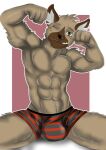  abs aggressive_retsuko anthro biceps big_bulge bulge checkhoff clothed clothing flexing haida hi_res hyaenid male mammal muscular muscular_anthro muscular_male one_eye_closed pecs sanrio solo spotted_hyena topless underwear wink 
