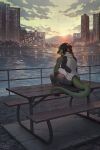  2021 2:3 amazing_background anthro bottomwear breasts city city_background cityscape clothing collaboration crocodile crocodilian crocodylid day detailed detailed_background female hi_res non-mammal_breasts orphen-sirius outside pants reptile scalie sitting sky solo water wildering 