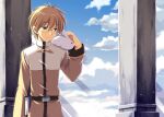  1boy acolyte_(ragnarok_online) animal_on_shoulder bangs belt blue_sky brown_belt brown_hair bunny cassock closed_mouth cloud column commentary_request day eyebrows_visible_through_hair glasses green_eyes hair_between_eyes long_sleeves looking_to_the_side male_focus odawara_hakone outdoors pillar ragnarok_online short_hair sky smile solo upper_body 