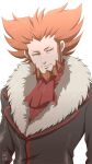  1boy black_jacket closed_mouth commentary_request facial_hair fur-trimmed_jacket fur_trim highres jacket looking_to_the_side lysandre_(pokemon) male_focus orange_hair pokemon pokemon_(game) pokemon_xy red_neckwear sanwari_(aruji_yume) simple_background solo spiked_hair team_flare upper_body white_background 