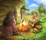  2boys beard blonde_hair blue_eyes campfire cliff daphnes_nohansen_hyrule facial_hair fish food grass hood link log looking_at_another meat multiple_boys mushroom open_mouth pine_tree pointy_ears sayoyonsayoyo sheikah_slate smile the_legend_of_zelda the_legend_of_zelda:_breath_of_the_wild tree white_hair 