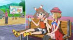  2boys 4girls bangs bench bike_shorts billboard blue_eyes blue_ribbon cloud commentary day english_commentary eyelashes gen_3_pokemon gen_4_pokemon grass hairband hat highres holding light_brown_hair loudred lukas_thadeu marshtomp may_(pokemon) multiple_boys multiple_girls official_style open_mouth outdoors pointing pokemon pokemon_(anime) pokemon_(creature) pokemon_(game) pokemon_oras pokemon_xy_(anime) ribbon rotom rotom_phone serena_(pokemon) shirt shoes short_hair shorts sitting sky sleeveless sleeveless_shirt smile stairs thighhighs tongue trapinch watermark 