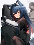  1other 2girls :d ^_^ absurdres animal_ears arknights bangs black_capelet black_coat black_gloves black_legwear blue_hair blush capelet character_name closed_eyes coat doctor_(arknights) drunk exusiai_(arknights) eyebrows_visible_through_hair gloves halo highres hug long_hair long_sleeves motion_lines multicolored_hair multiple_girls open_mouth pantyhose partially_colored red_hair smile tab_head tail tail_wagging texas_(arknights) two-tone_hair very_long_hair wolf_ears wolf_girl wolf_tail 