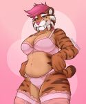  anthro breasts clothing energyvector fangs felid female hair hi_res legwear lingerie looking_at_viewer machairodontine mammal pink_eyes pink_hair sabertooth_(anatomy) slightly_chubby smile smilodon solo thick_thighs thigh_highs whiskers 