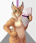  anthro breasts energyvector featureless_breasts featureless_crotch felid feline female folding_fan green_eyes hi_res lynx mammal solo 