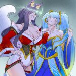  2girls ahri animal_ears bare_shoulders black_hair blonde_hair blue_dress blue_eyes blue_hair blush breasts cleavage collarbone dress fox_ears fox_girl fox_tail grabbing gradient_hair highres huge_breasts league_of_legends lolboja long_hair low_neckline multicolored_hair multiple_girls possessed sona_buvelle tagme tail tearing_up twintails vastaya very_long_hair you_gonna_get_raped 