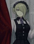  1girl apron bangs black_apron black_gloves breasts closed_mouth cowboy_shot curtains danganronpa_(series) danganronpa_v3:_killing_harmony dress expressionless gloves green_eyes hair_ornament hair_over_one_eye long_sleeves looking_at_viewer maid_headdress medium_breasts necktie pinafore_dress renshu_usodayo shirt short_hair solo spider_web_print toujou_kirumi water_drop white_shirt 