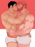  2boys abs arm_hair arms_around_waist bara beard black_hair blush boxer_briefs bulge chest_hair couple face-to-face facial_hair from_side hairy highres jang_ju_hyeon kiss large_pectorals long_sideburns male_focus male_pubic_hair male_underwear mature_male messy_hair multiple_boys muscular muscular_male mustache navel_hair nipples orange_hair original pubic_hair short_hair smile stomach thighs underwear underwear_only white_male_underwear yaoi 