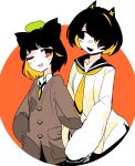  2girls :d animal_ears black_eyes black_hair black_sailor_collar blonde_hair brown_jacket cat_ears collared_shirt colored_inner_hair colored_skin fang highres jacket kokubunji_suou kuroi_moyamoya long_sleeves mechanical_ears medium_hair mole mole_under_mouth multicolored_hair multiple_girls necktie open_mouth original sailor_collar school_uniform serafuku shirt skin_fang smile white_shirt white_skin wing_collar yellow_neckwear 