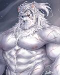  2021 4:5 abs anthro black_nose blizzard_entertainment blue_eyes facial_hair felid fur hi_res lion male mammal muscular muscular_anthro muscular_male nipples overwatch pantherine pecs rabbity reinhardt_(overwatch) solo video_games white_body white_fur 
