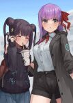  2girls bangs bb_(fate) bb_(fate)_(all) black_coat blunt_bangs blush breasts coat double_bun fate/extra fate/extra_ccc fate/grand_order fate_(series) hair_ribbon kopaka_(karda_nui) large_breasts long_hair long_sleeves looking_at_viewer multiple_girls neck_ribbon open_clothes open_coat purple_eyes purple_hair red_ribbon ribbon sidelocks smile thighs twintails very_long_hair yang_guifei_(fate) 
