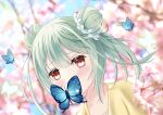  1girl absurdres aoe_ui bangs blue_butterfly bug butterfly butterfly_hair_ornament butterfly_on_face cherry_blossoms collarbone double_bun green_hair hair_between_eyes hair_ornament highres hololive insect jacket outdoors red_eyes short_hair solo tree uruha_rushia virtual_youtuber yellow_jacket 