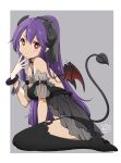  1girl black_dress chikanoko demon_girl demon_horns demon_wings dress highres horns long_hair original pointy_ears ponytail purple_hair ragho_no_erika red_eyes simple_background tail thighhighs underwear wings 