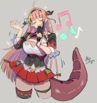  1girl ahoge bangs blonde_hair bow breasts closed_eyes dragon_girl dragon_horns eyebrows_visible_through_hair hairband highres hololive horns isuka kiryuu_coco large_breasts long_hair microphone multicolored_hair music orange_hair pointy_ears singing smile streaked_hair virtual_youtuber 