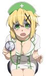  1girl @_@ akatsuki_kirika blonde_hair breasts cleavage green_eyes hair_ornament hat large_breasts nurse nurse_cap panicking senki_zesshou_symphogear sitting stethoscope tearing_up tsukamoto_kensuke turn_pale x_hair_ornament 