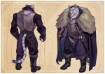  1boy absurdres armor beard belt black_footwear boots braid cape clenched_hand colored_sclera facial_hair fur_trim furry gauntlets highres magna13 male_focus multiple_views pixiv_fantasia_mountain_of_heaven robert_vederkov sheath sheathed simple_background standing tail yellow_sclera 