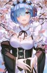  1girl :d absurdres bangs black_ribbon blue_eyes blue_hair blush breasts cherry_blossoms cleavage commentary_request day detached_sleeves dress fingers_together frilled_sleeves frills hair_ornament hair_over_one_eye hair_ribbon highres long_sleeves looking_at_viewer maid maid_headdress medium_breasts open_mouth petals pink_ribbon re:zero_kara_hajimeru_isekai_seikatsu rem_(re:zero) ribbon ribbon_trim roswaal_mansion_maid_uniform short_hair smile solo upper_body werlt x_hair_ornament 