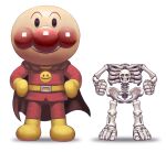  1boy anpanman anpanman_(character) cape closed_mouth gloves hands_on_hips highres looking_at_viewer pants parody red_cape red_pants red_shirt sakkan shirt simple_background skeleton smile smiley_face white_background yellow_footwear yellow_gloves 