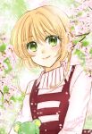  1girl 2020 bangs blonde_hair blush cardcaptor_sakura closed_mouth day flower green_eyes hair_between_eyes kanaoto_neiro kinomoto_sakura long_sleeves looking_at_viewer outdoors pink_flower pink_sweater short_hair_with_long_locks sidelocks signature smile solo spring_(season) stuffed_animal stuffed_toy sweater upper_body 