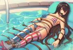  1girl alternate_costume american_flag_bikini american_flag_legwear ball_gag bdsm bikini black_hair bondage bound breasts commission flag_print gag gagged garter_belt headgear highres kaddo kantai_collection large_breasts long_hair lying mismatched_legwear nagato_(kancolle) navel on_back red_eyes rope solo striped striped_legwear swimsuit thighhighs 