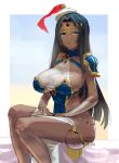  1girl armor black_hair blue_eyes breasts bridal_gauntlets circlet cleavage closed_mouth dark_skin dark_skinned_female egyptian_clothes fate/grand_order fate_(series) forehead_jewel hat highres huge_breasts lips long_hair lynchis pauldrons scheherazade_(fate) shoulder_armor simple_background sitting solo 