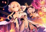  2girls aerial_fireworks arm_behind_head arm_up bangs bare_shoulders blonde_hair blurry blurry_background boots breasts commentary_request depth_of_field detached_sleeves dress eyebrows_visible_through_hair fireworks flower genshin_impact goroo_(eneosu) hair_between_eyes hair_flower hair_ornament halo highres long_hair long_sleeves lumine_(genshin_impact) medium_breasts multiple_girls night night_sky outdoors paimon_(genshin_impact) pointing purple_eyes single_thighhigh sky thighhighs thighhighs_under_boots white_dress white_flower white_footwear white_hair white_legwear white_sleeves yellow_eyes 
