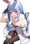  1girl absurdres animal_ear_fluff animal_ears arm_cuffs bangs bare_shoulders black_legwear black_leotard blue_hair bow braid breasts bunny_ears bunny_tail carrot_hair_ornament cleavage coat don-chan_(usada_pekora) food_themed_hair_ornament from_above fur-trimmed_coat fur-trimmed_gloves fur_scarf fur_trim garters gloves hair_bow hair_ornament hand_up highres hikimayu hololive isaya_(pixiv4541633) knees_together_feet_apart leotard leotard_under_clothes looking_at_viewer multicolored_hair open_mouth pants playboy_bunny rabbit_girl red_eyes ribbon scarf short_eyebrows simple_background sitting small_breasts solo strapless strapless_coat strapless_leotard tail thigh_gap twin_braids twintails two-tone_hair uppercut usada_pekora virtual_youtuber white_background white_coat white_ribbon white_scarf 