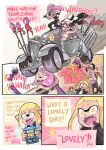  callie_(splatoon) car crown double_v english_text fangs ground_vehicle highres inkling logo_parody mad_max mad_max:_fury_road motor_vehicle open_mouth parody pearl_(splatoon) pink_hair pointy_ears salmonid sarashi smallfry_(splatoon) smile speech_bubble splatoon_(series) splatoon_1 splatoon_2 splatoon_3 tank_top tentacle_hair v wong_ying_chee yellow_eyes 