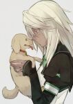  1girl animal bangs blonde_hair breasts dark_skin dark_skinned_female dog eyebrows_visible_through_hair green_neckwear grey_background guilty_gear guilty_gear_strive hair_between_eyes holding holding_animal holding_dog long_hair long_sleeves maka_(morphine) profile puppy ramlethal_valentine simple_background sleeves_past_wrists smile yellow_eyes 