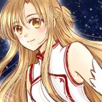  1girl asuna_(sao) bangs blush closed_mouth detached_sleeves eyebrows_visible_through_hair floating_hair hair_between_eyes kanaoto_neiro light_brown_hair long_hair shiny shiny_hair shirt signature sketch sleeveless sleeveless_shirt smile solo sparkle sword_art_online upper_body very_long_hair white_shirt white_sleeves 