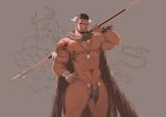  1boy abs bara bare_pecs beard black_hair blush bulge chinese_zodiac cloak cow_boy cow_horns dark_skin dark_skinned_male facial_hair feet_out_of_frame flaccid highres holding holding_spear holding_weapon horns large_pectorals loincloth looking_at_viewer male_focus mature_male muscular muscular_male navel nipple_piercing nipple_rings nipples olafurarn original over_shoulder penis_peek piercing polearm scar scar_on_chest scar_on_leg short_hair shoulder_tattoo solo spear standing stomach stomach_tattoo tattoo thick_thighs thighs tribal_tattoo weapon weapon_over_shoulder year_of_the_ox 