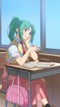  1girl bag bluesy blush book bookbag collared_shirt desk eraser eyebrows_visible_through_hair green_eyes green_hair gulim head_rest high_ponytail higurashi_no_naku_koro_ni long_hair mechanical_pencil necktie open_book pencil ponytail red_neckwear red_skirt school_desk school_uniform shirt skirt solo sonozaki_mion vest white_shirt window yellow_vest 