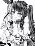  1girl :p absurdres bare_shoulders blush bow bow_choker bowtie breasts claw_pose detached_sleeves gloves greyscale hair_bobbles hair_bow hair_ornament hand_up heart highres leaning_forward looking_at_viewer monochrome multicolored_hair nanashi_(nlo) nijisanji nipples puffy_detached_sleeves puffy_short_sleeves puffy_sleeves short_sleeves simple_background small_breasts smile solo tongue tongue_out twintails two-tone_hair virtual_youtuber white_background yorumi_rena 