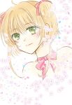  1girl ahoge bangs bare_shoulders blonde_hair cardcaptor_sakura choker closed_mouth cropped_torso eyebrows_visible_through_hair flower green_eyes hair_between_eyes hair_intakes hair_ribbon kanaoto_neiro kinomoto_sakura pink_ribbon portrait ribbon ribbon_choker short_hair_with_long_locks sidelocks smile solo two_side_up white_flower 