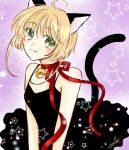  1girl :3 ahoge animal_ears bangs bell black_dress blonde_hair blush cardcaptor_sakura cat_ears cat_tail choker collarbone dress eyebrows_visible_through_hair green_eyes hair_between_eyes kanaoto_neiro kinomoto_sakura looking_at_viewer purple_background red_ribbon ribbon ribbon_choker short_dress short_hair_with_long_locks sidelocks signature sleeveless sleeveless_dress solo starry_background tail 