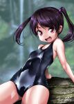  1girl black_hair black_swimsuit blurry breasts commentary_request cowboy_shot depth_of_field forest highres log looking_at_viewer nature open_mouth original red_eyes rohitsuka school_swimsuit shiny shiny_clothes short_hair signature small_breasts smile solo swimsuit twintails 