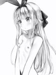  1girl :&lt; absurdres blush bow bow_hairband breasts closed_mouth completely_nude greyscale hair_bow hairband head_tilt highres huge_bow long_hair monochrome mononobe_alice nanashi_(nlo) nijisanji nipples nude small_breasts solo upper_body 