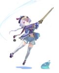  1girl bangs genshin_impact hair_ornament hat highres holding holding_sword holding_weapon long_hair long_sleeves lynchis ofuda pink_eyes pom_pom_(clothes) purple_hair purple_headwear qing_guanmao qiqi_(genshin_impact) seelie_(genshin_impact) shorts simple_background sword tassel thighhighs weapon white_background white_legwear 