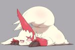  anthro big_butt blush bodily_fluids butt claws dorobo_39 embarrassed fur grey_background hi_res looking_at_viewer lying nintendo on_front pok&eacute;mon pok&eacute;mon_(species) red_body red_eyes red_fur shadow simple_background slightly_chubby solo sweat video_games white_body white_fur zangoose 