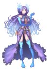  absurdres blue_fire blue_gloves blue_legwear breasts brighid_(xenoblade) center_opening dagger dress elbow_gloves fiery_hair fire full_body gloves hakusai_(hksicabb) highres large_breasts long_hair one_eye_closed purple_dress purple_eyes purple_hair simple_background smile standing thighhighs unusually_open_eyes very_long_hair weapon white_background xenoblade_chronicles_(series) xenoblade_chronicles_2 